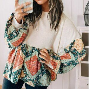 Jet Stream Paisley Geometric Patchwork Crew Neck Loose Fit Top